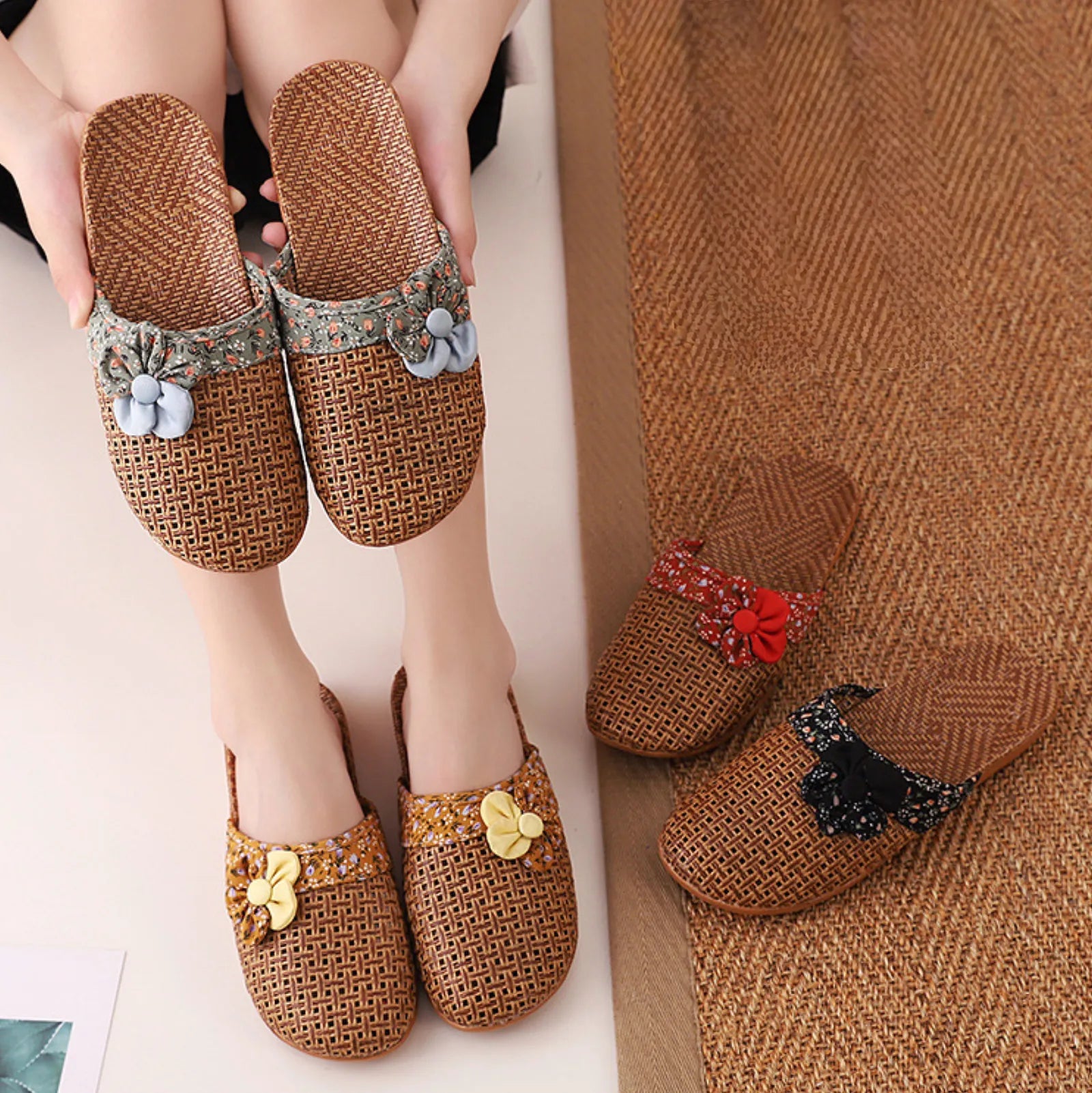 Group shot of Green Red and Black Floral Rattan Slippers - RoomDen