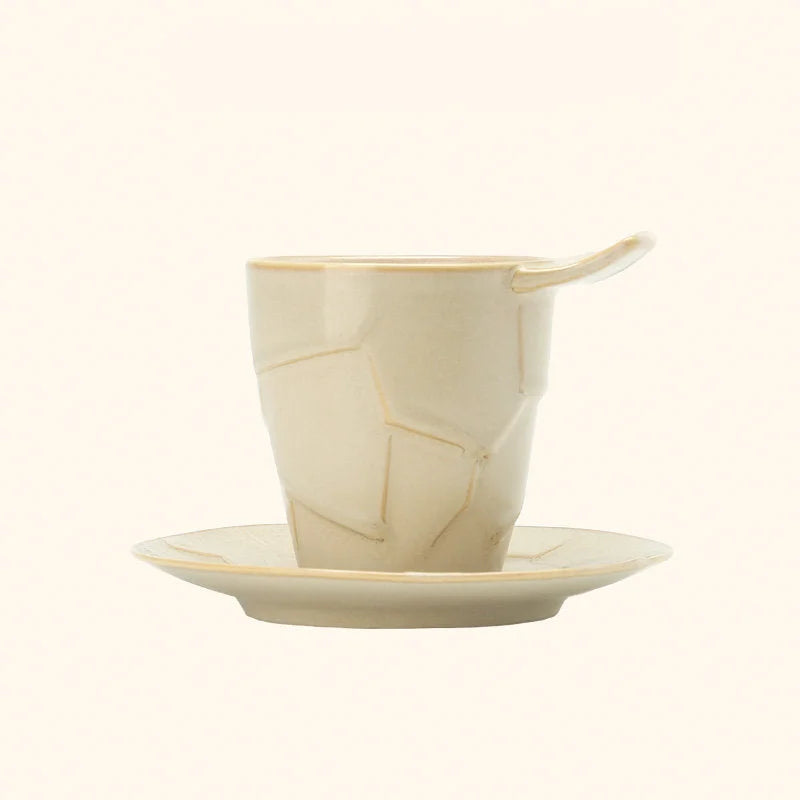 Full set of the Cream White Textured Geometric Ceramic Coffee Cup and Saucer - RoomDen