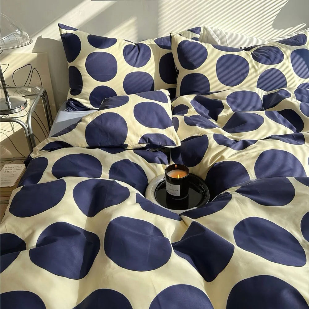 Navy Blue Polka Dot Bedding Set Styling with Retro Lamp - RoomDen