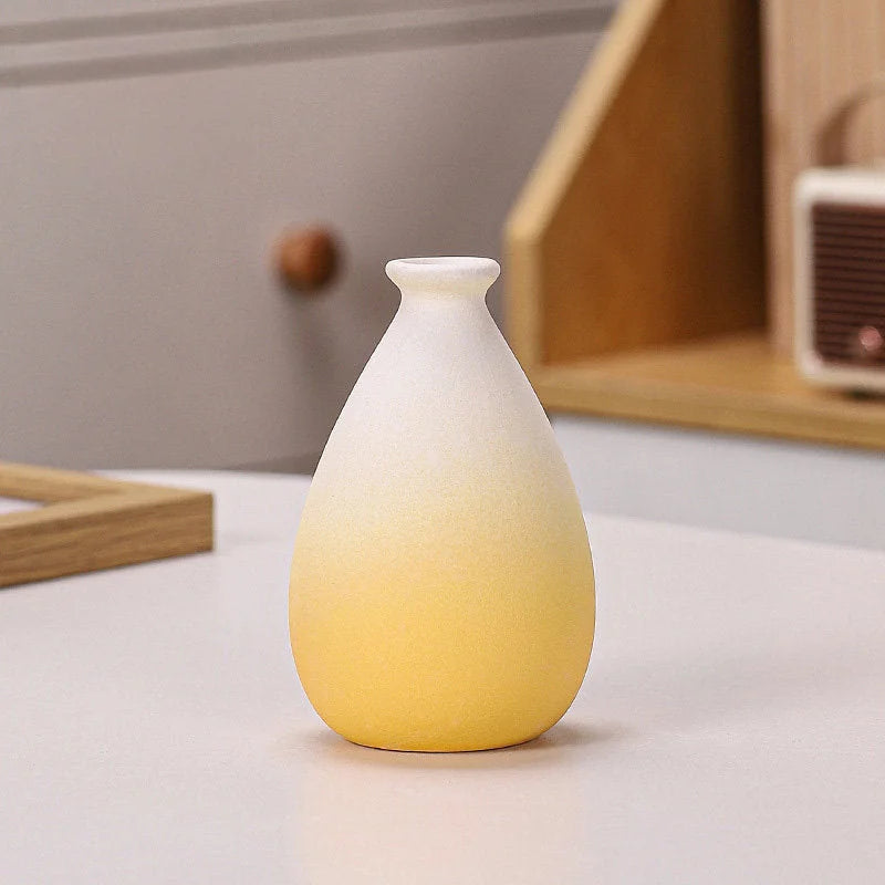 Yellow Ombre teardrop-shaped frosted ceramic vase on a white surface - RoomDen.