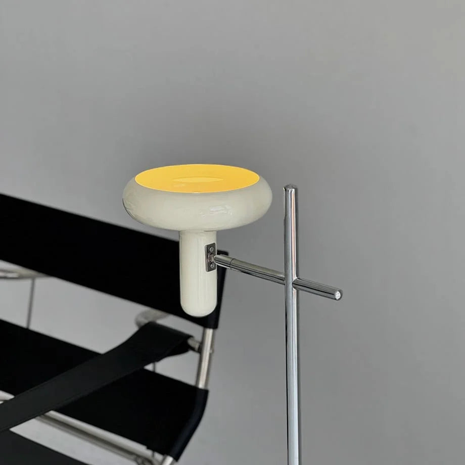 View looking up into the cream shade of the accent lamp, showing the bulb placement.