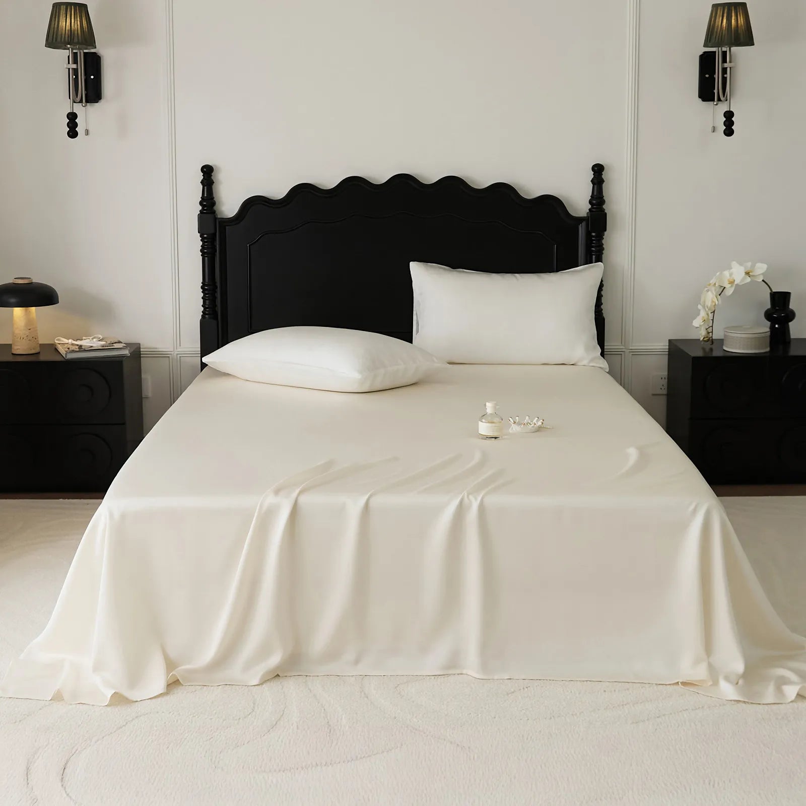 Cooling Tencel sheet set with silky smooth drape on a minimalist bed – RoomDen