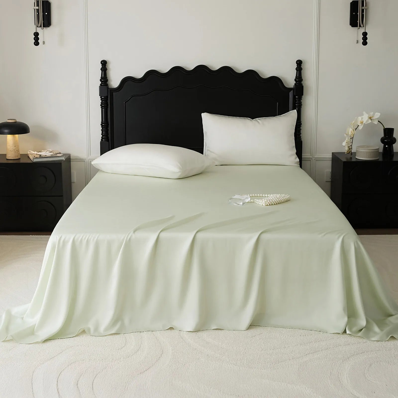 Cooling Tencel sheet set with silky smooth drape on a minimalist bed – RoomDen