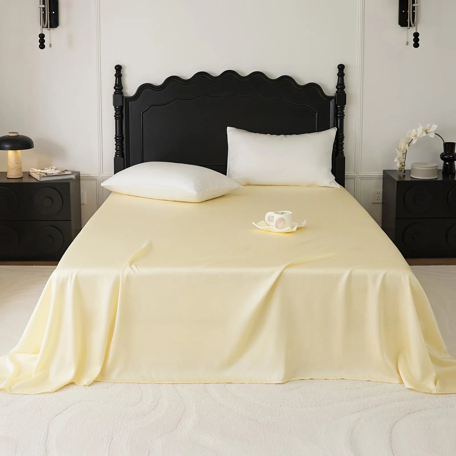 Cooling Tencel sheet set with silky smooth drape on a minimalist bed – RoomDen