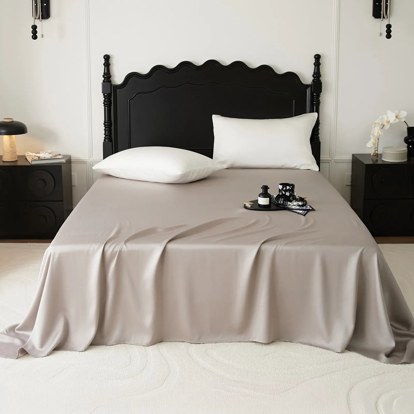 Cooling Tencel sheet set with silky smooth drape on a minimalist bed – RoomDen