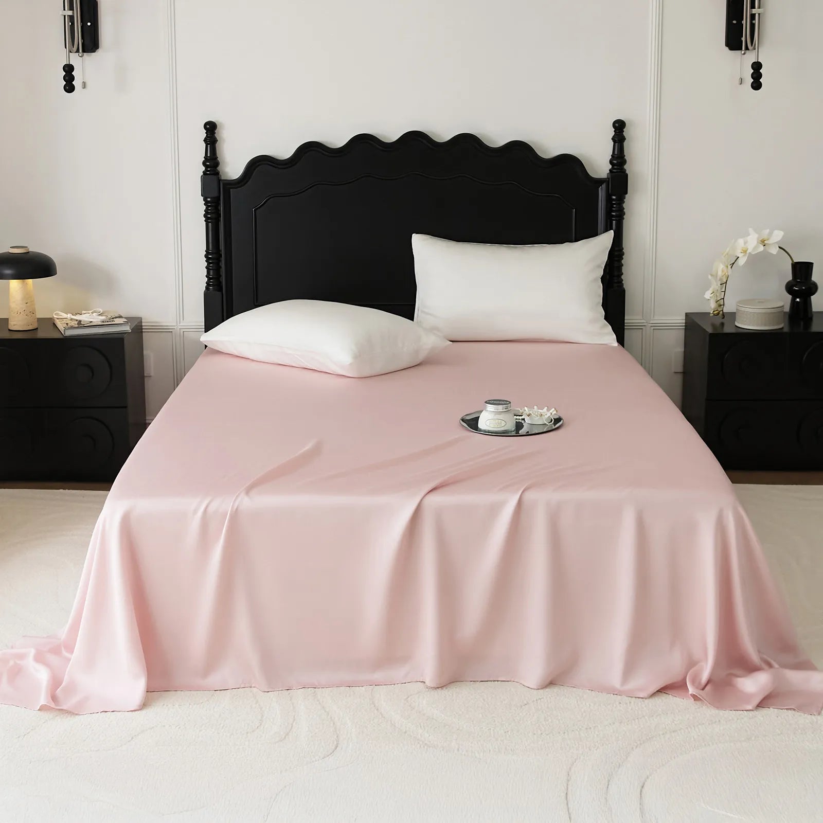 Cooling Tencel sheet set with silky smooth drape on a minimalist bed – RoomDen