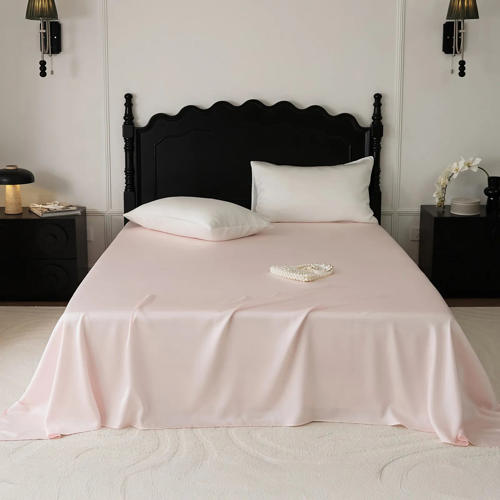 Cooling Tencel sheet set with silky smooth drape on a minimalist bed – RoomDen