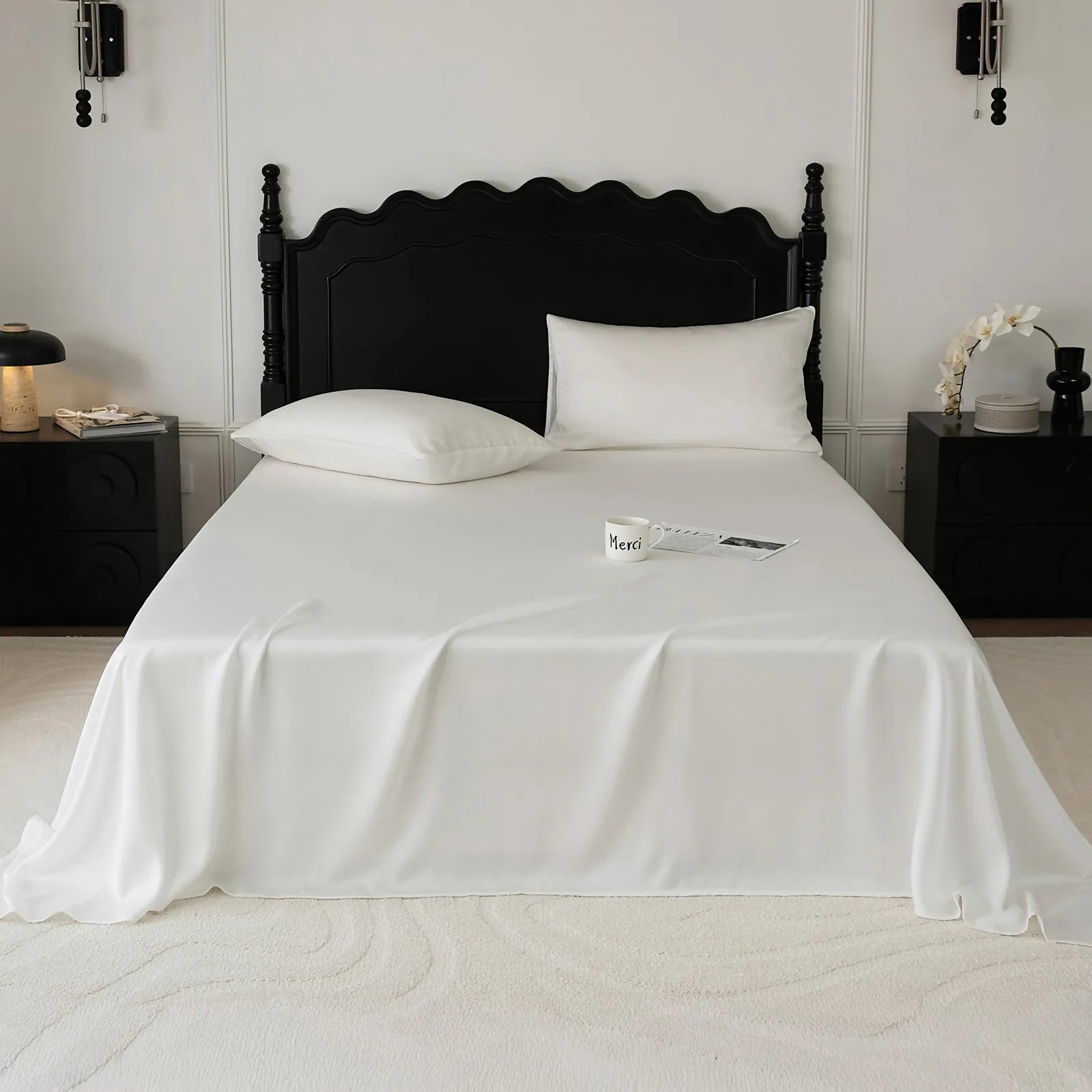 Cooling Tencel sheet set with silky smooth drape on a minimalist bed – RoomDen