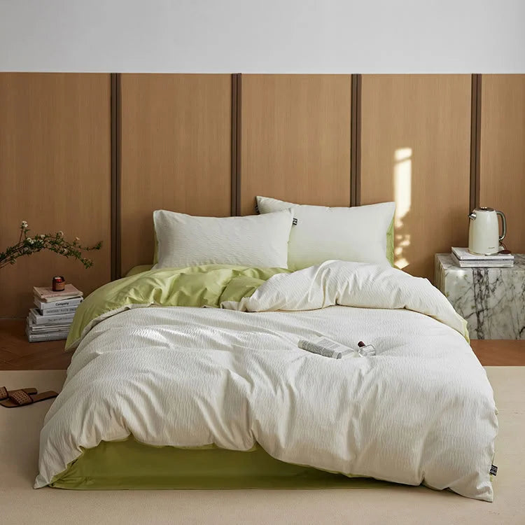 Full view of the Cream White & Matcha Green Wavy Textured Washed Cotton Bedding Set. - RoomDen
