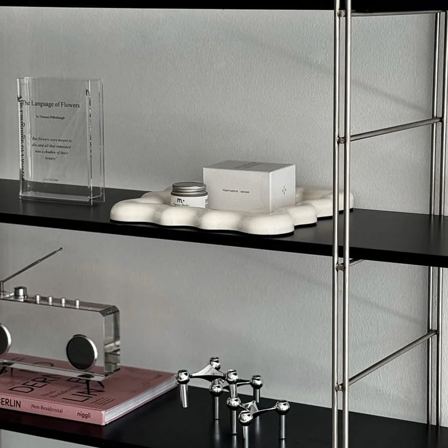 Off-White wavy tray displayed on a sleek black metal shelving unit - RoomDen