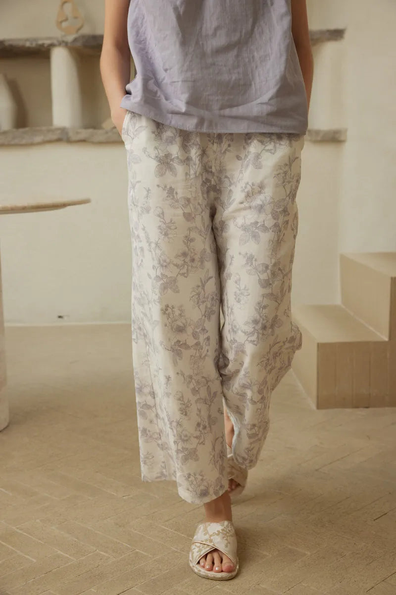 Sleeveless double gauze cotton pajama set with soft botanical details - RoomDen