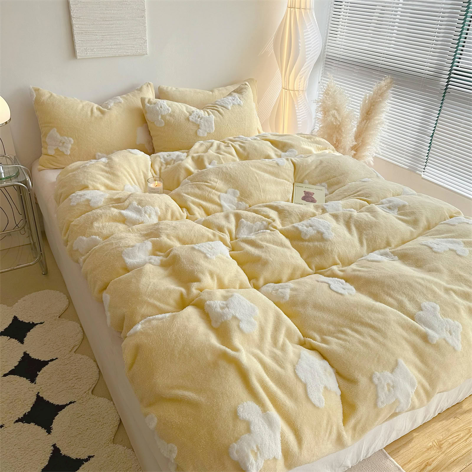 Fluffy yellow cloud fleece bedding styled with pillows and soft lighting – RoomDen