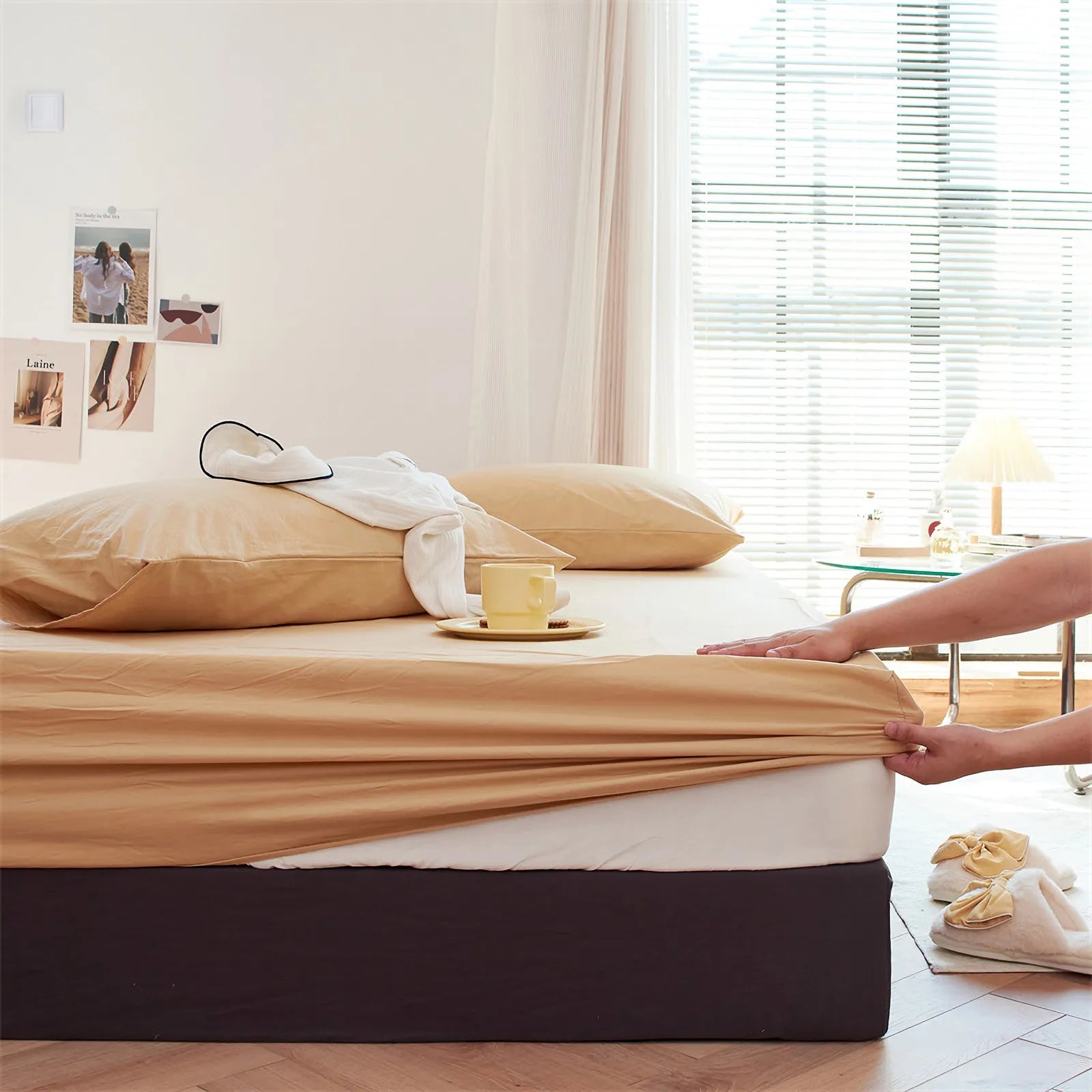 Solid washed cotton fitted sheet set in a minimalist bedroom – RoomDen