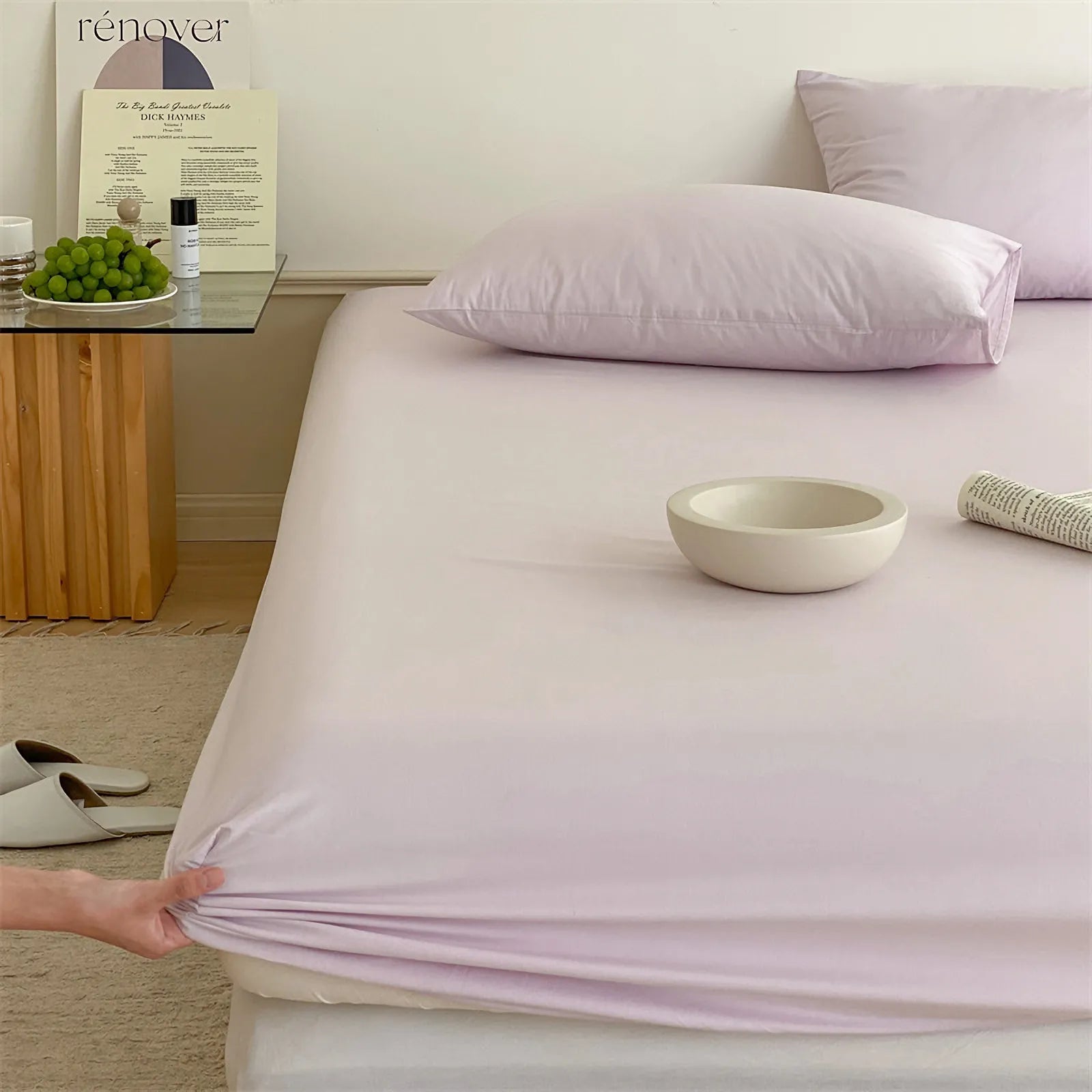 Solid washed cotton fitted sheet set in a minimalist bedroom – RoomDen