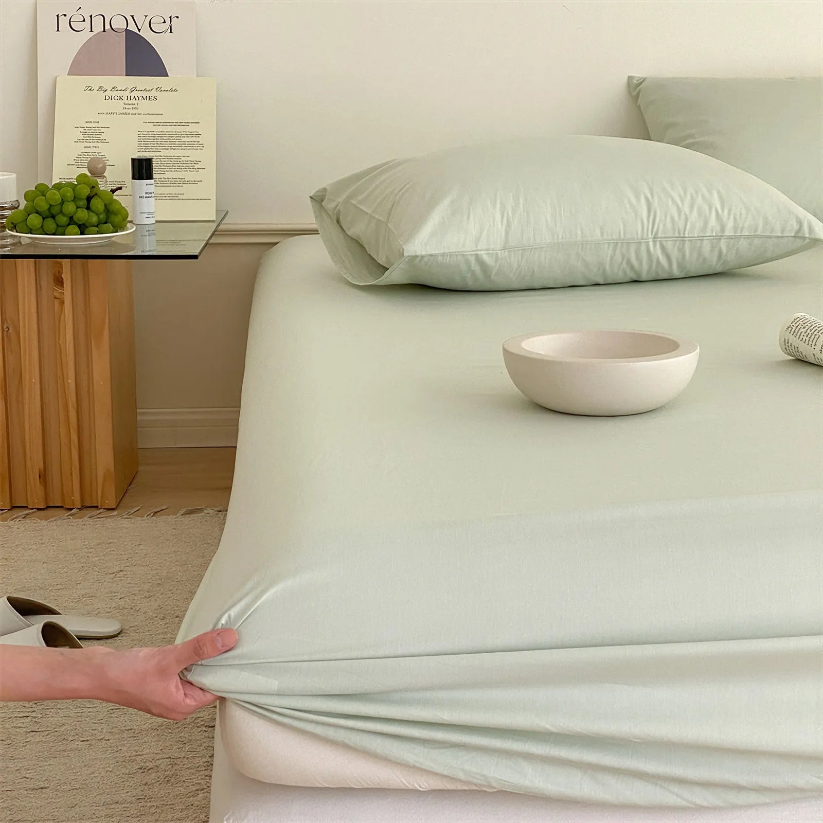 Solid washed cotton fitted sheet set in a minimalist bedroom – RoomDen