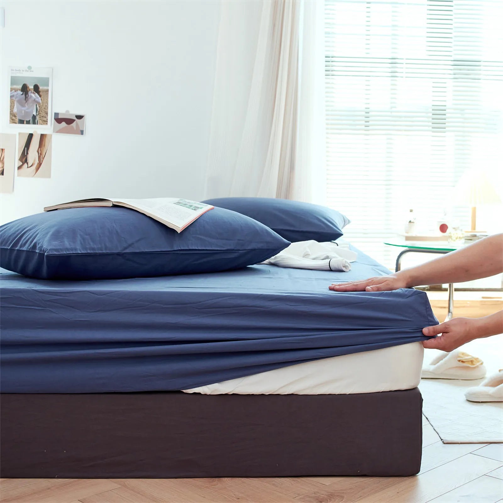 Solid washed cotton fitted sheet set in a minimalist bedroom – RoomDen