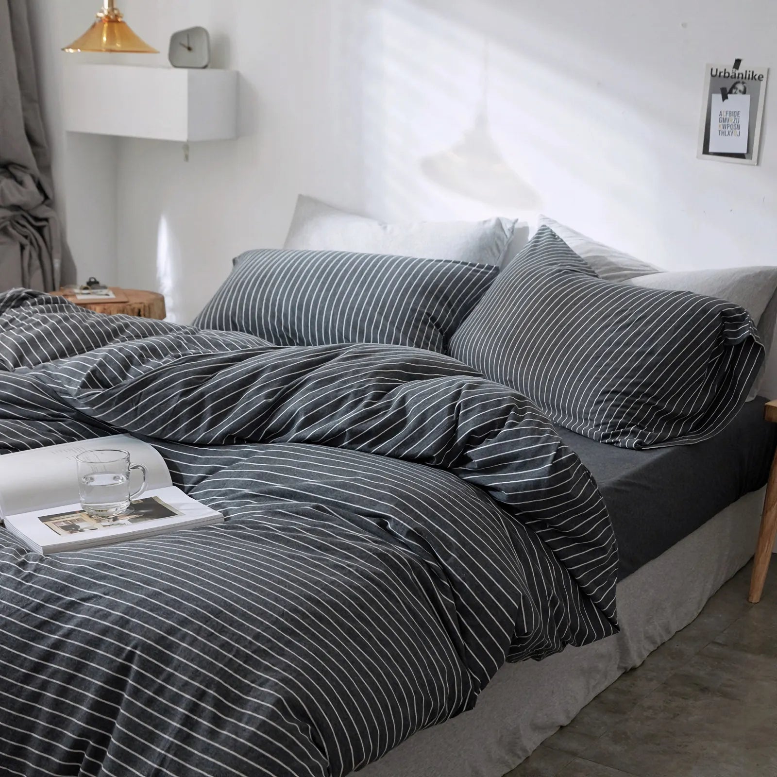 Striped washed cotton duvet cover set folded view – RoomDen