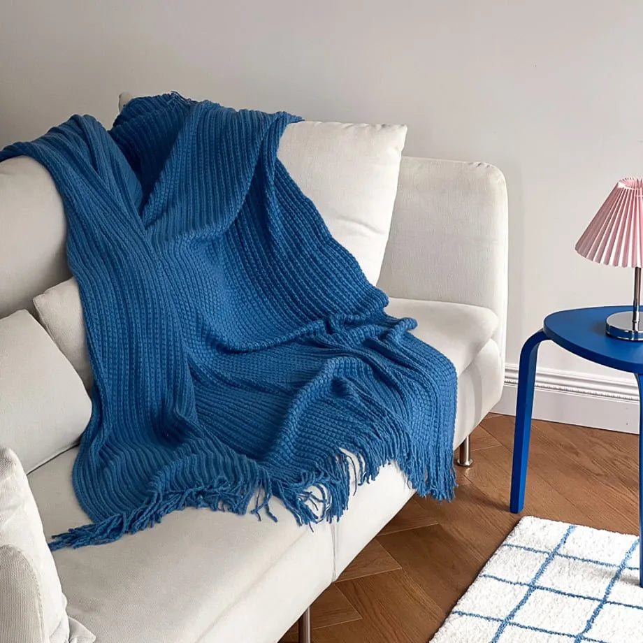 Cozy Ribbed Knit Tassel Flannel Fleece Throw Blanket