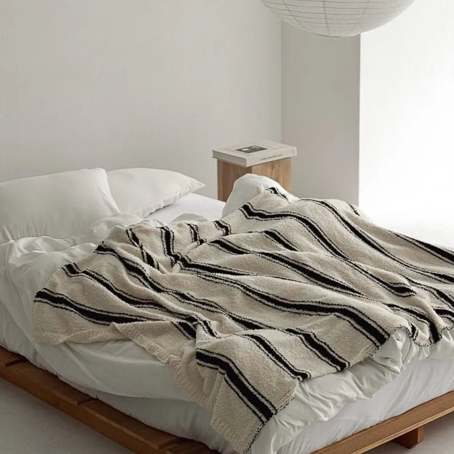 Beige striped flannel fleece blanket with soft cozy texture – RoomDen