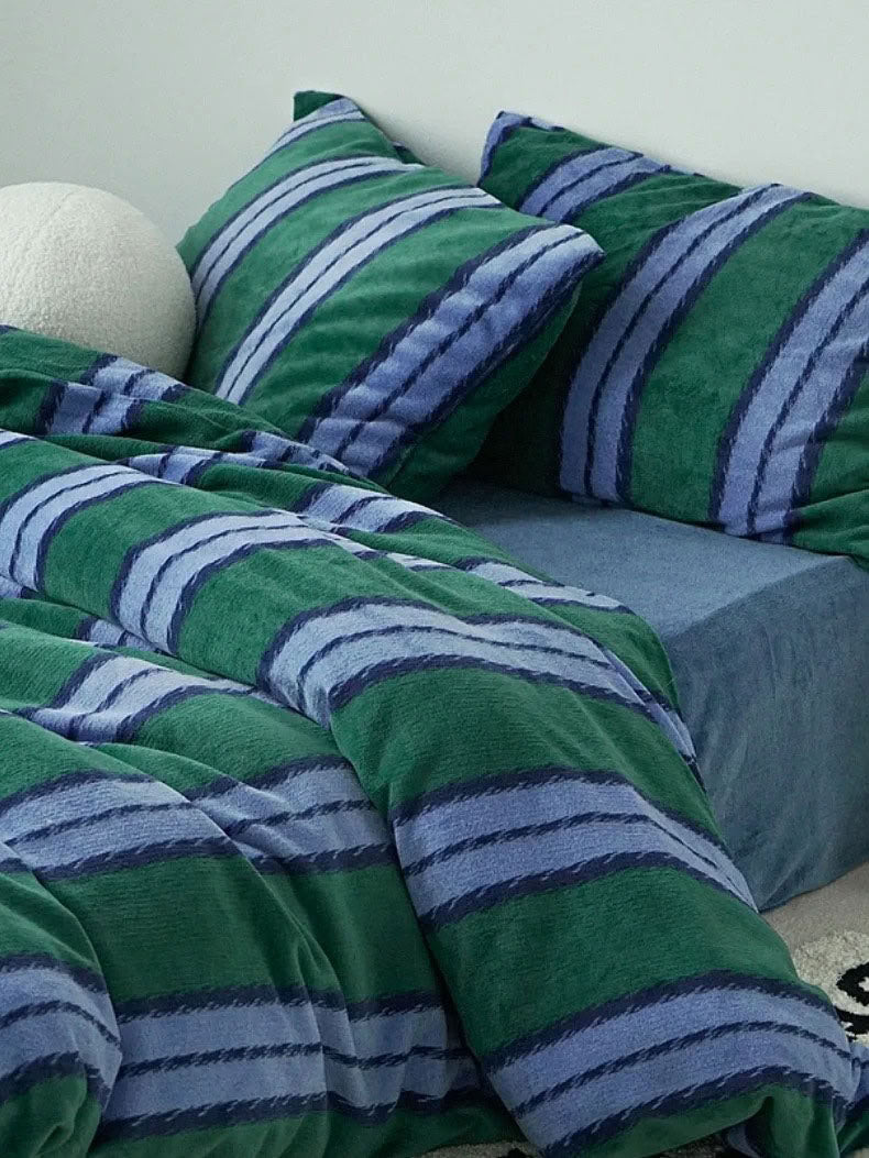 Green and blue striped velvet bedding set with soft plush texture - RoomDen