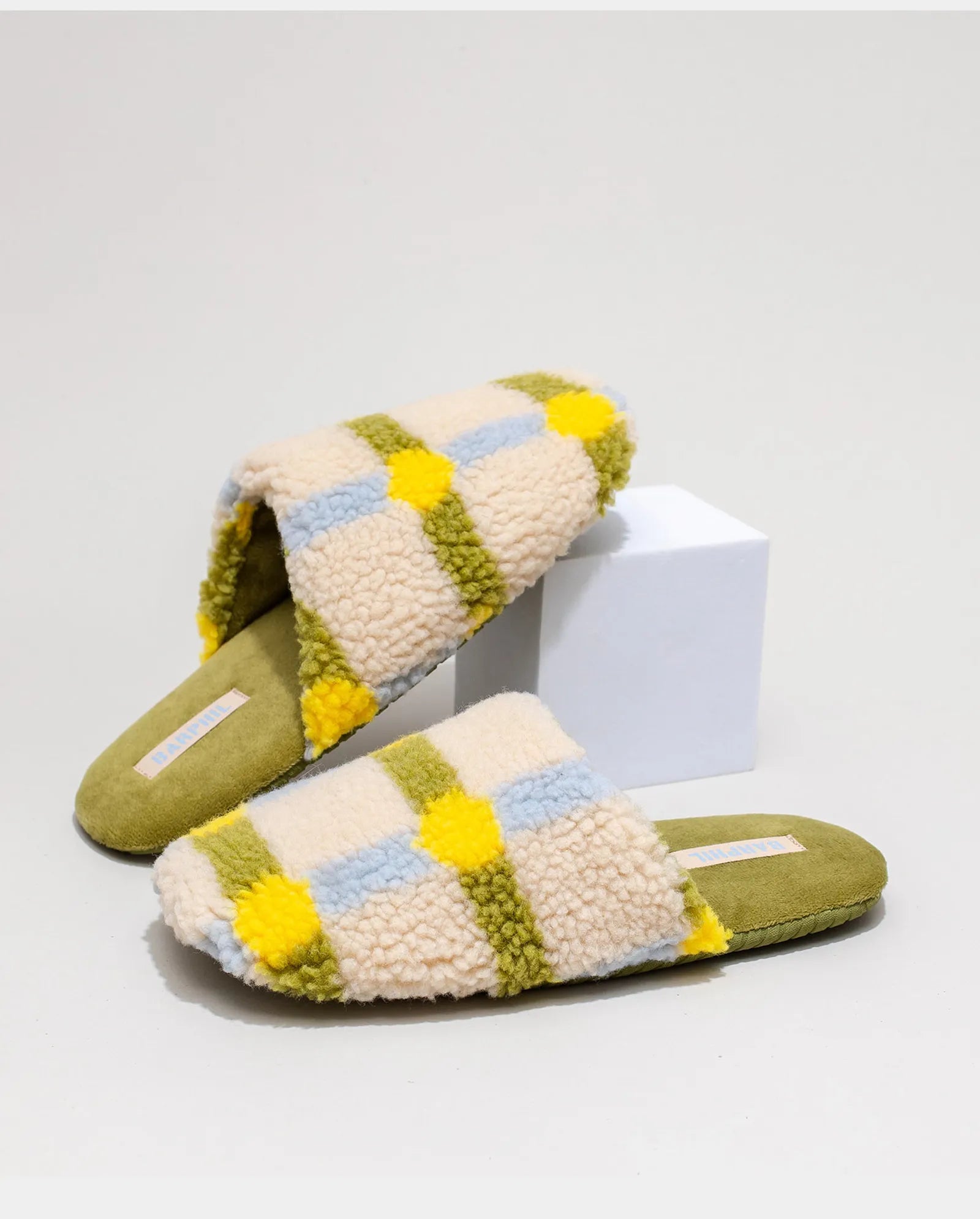 Side view of Green and Yellow Plaid Sherpa Slipper showing fluffy texture - RoomDen