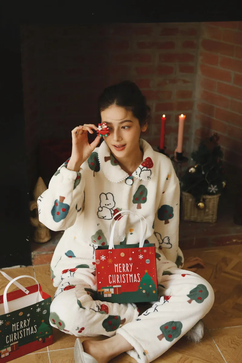 RoomDen Plush Bunny & Strawberry Flannel Fleece Pajama Set - Kawaii Christmas Loungewear