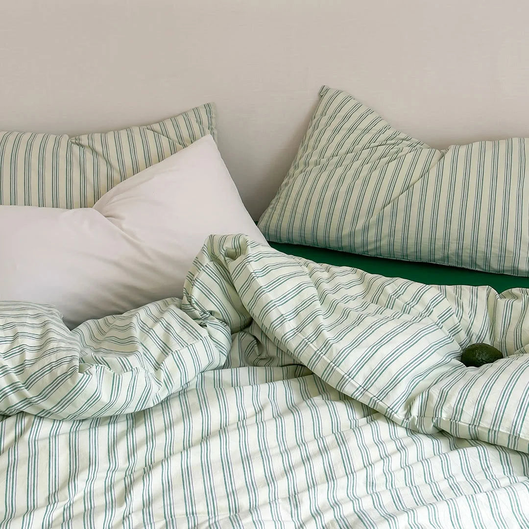Green Striped Washed Cotton Bedding Set with Pillowcases close up - RoomDen