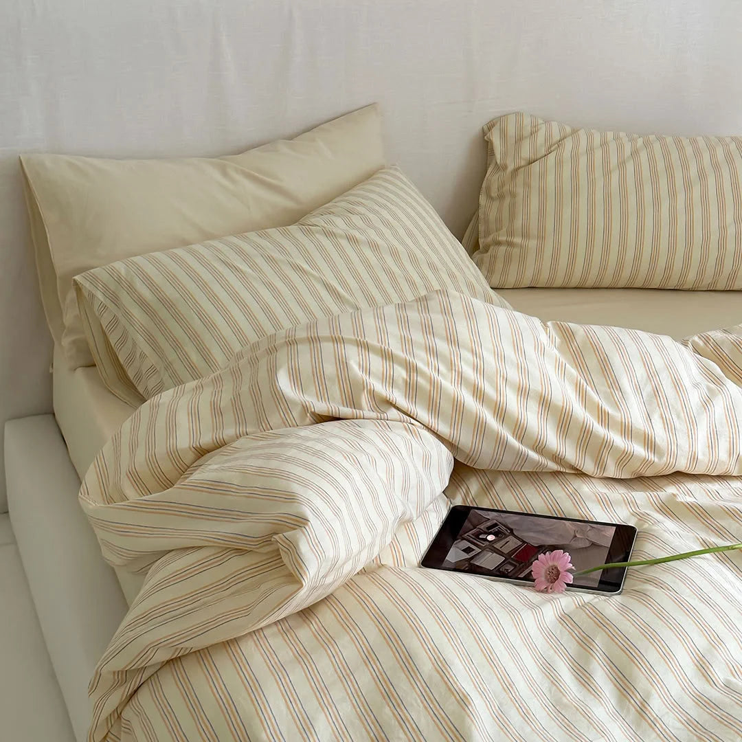 Side View of Yellow Striped Bedding Set Smooth Texture - RoomDen