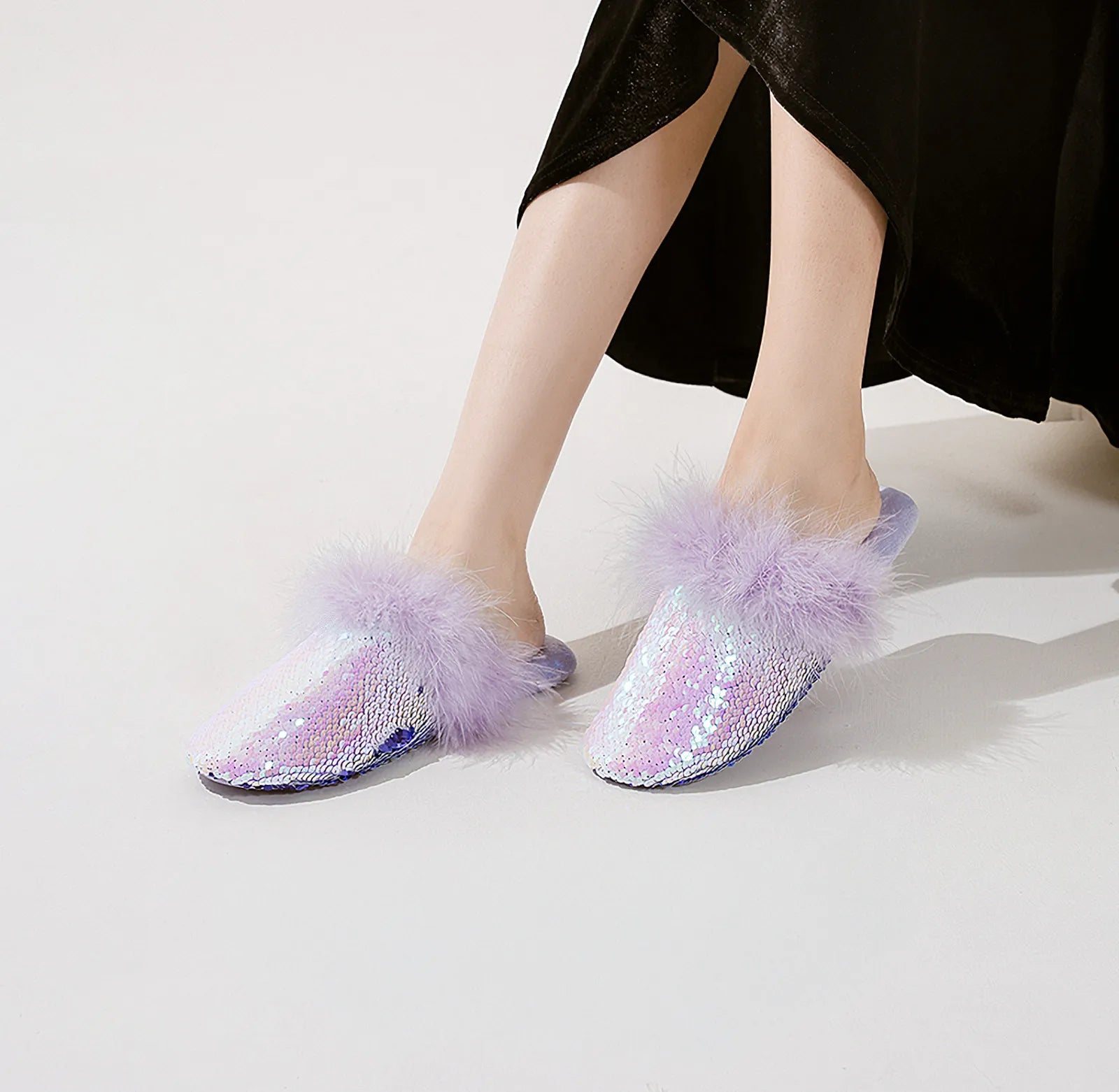 Lavender sequin house slippers with fluffy faux fur trim front view - RoomDen