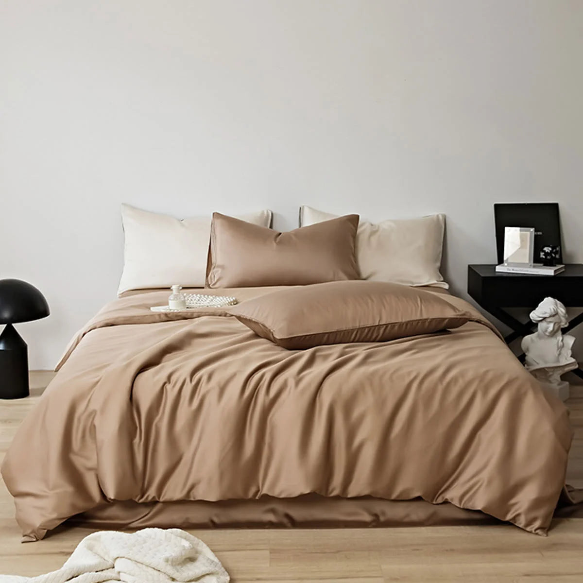 Full bed view of the rich Mocha Brown Cooling Tencel Bedding Set in a minimalist setting - RoomDen.