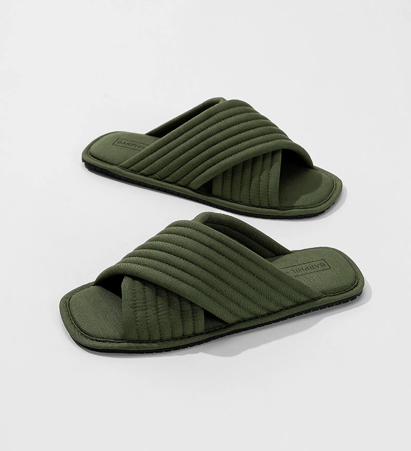 Angled view of Olive Green Cushioned Quilted Cotton House Slippers pair