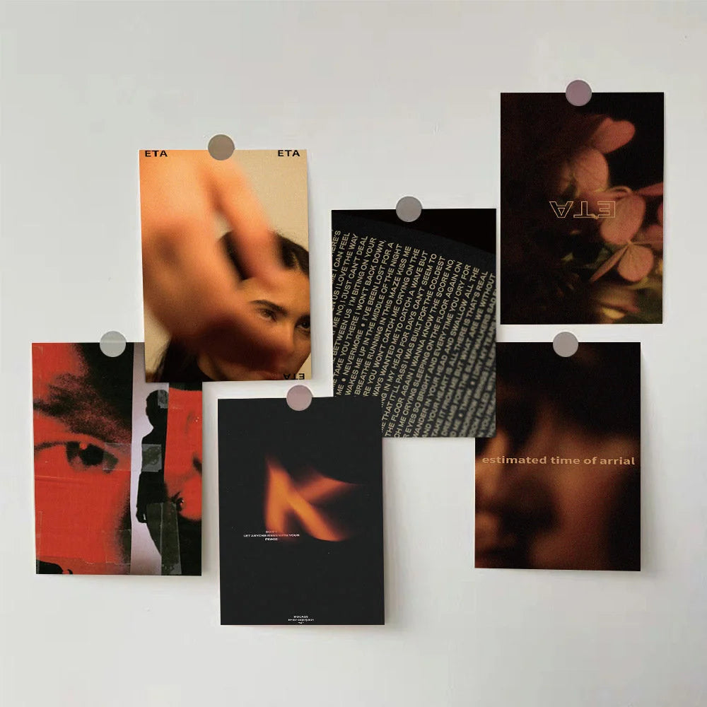 Moody Cinematic Wall Collage Kit arranged on a white wall, showcasing various abstract and photographic prints - RoomDen