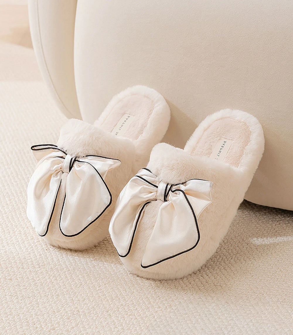 RoomDen Plush Satin Bow Faux Fur House Slippers - Cream Coquette Slides with Black Piping