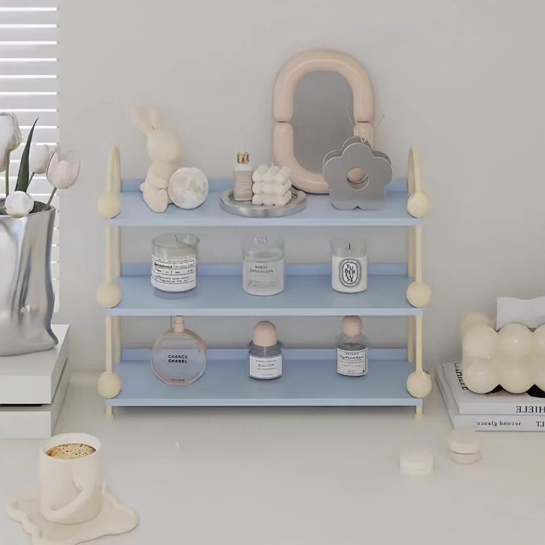 Sky Blue & Cream desk shelf organizer styled with candles and skincare for a Danish Pastel aesthetic - RoomDen.