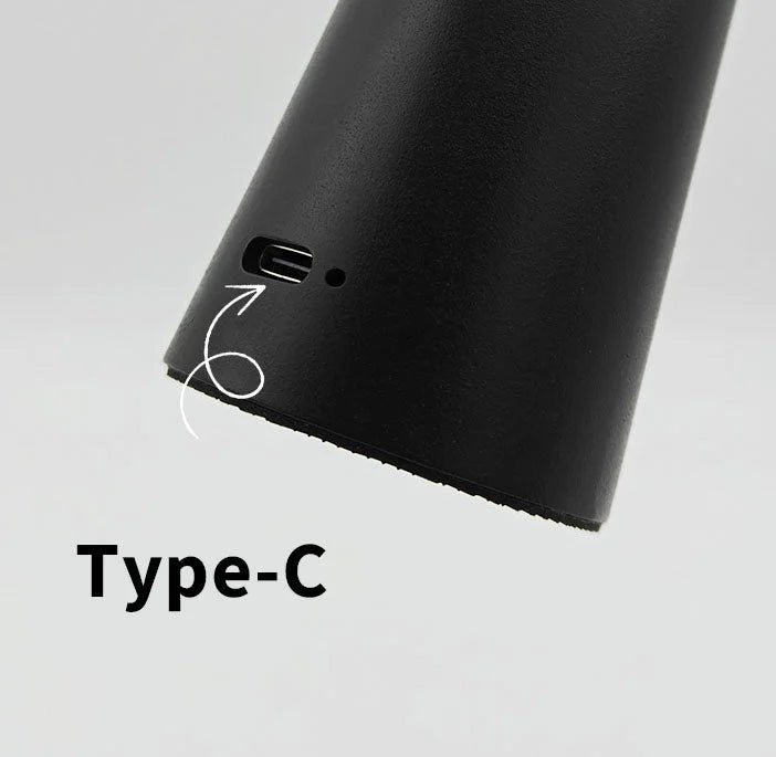 Close-up detail of the Type-C charging port at the base of the matte black cordless lamp - RoomDen.