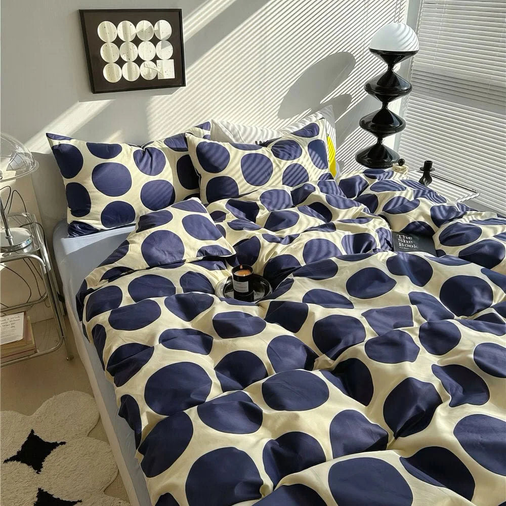 Navy Blue Polka Dot Washed Cotton Bedding Set Main View - RoomDen