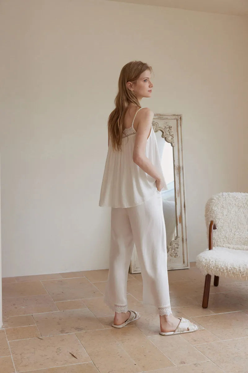 White Cotton Sateen Sleepwear Set Back View - RoomDen