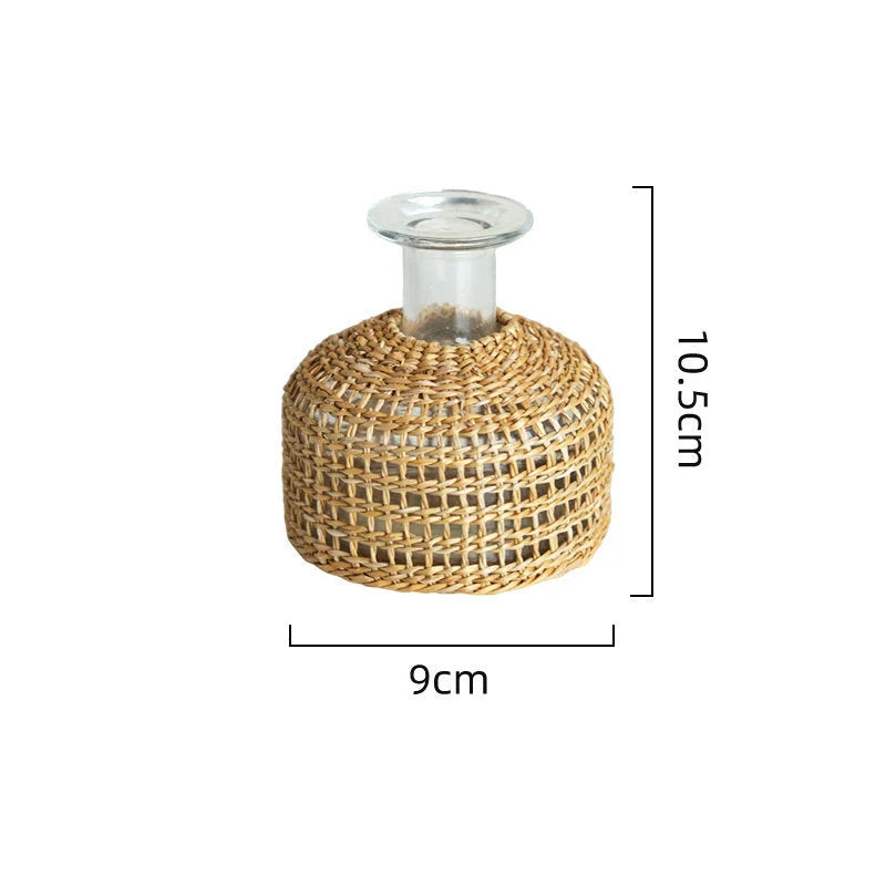 Close-up of the medium Handwoven Rattan & Glass Bud Vase with dimensions shown - RoomDen.