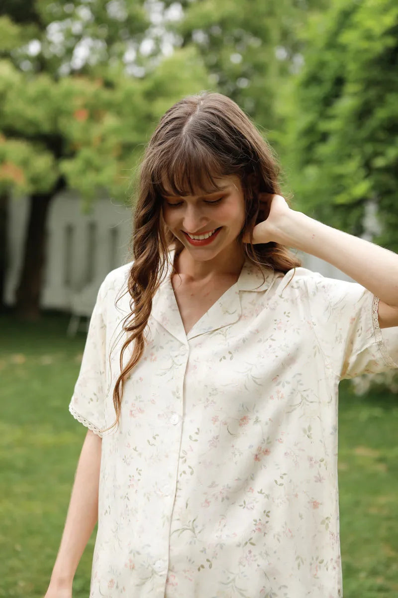 Beige Floral Cotton Sateen Pajama Set with Lace Trim Details - RoomDen