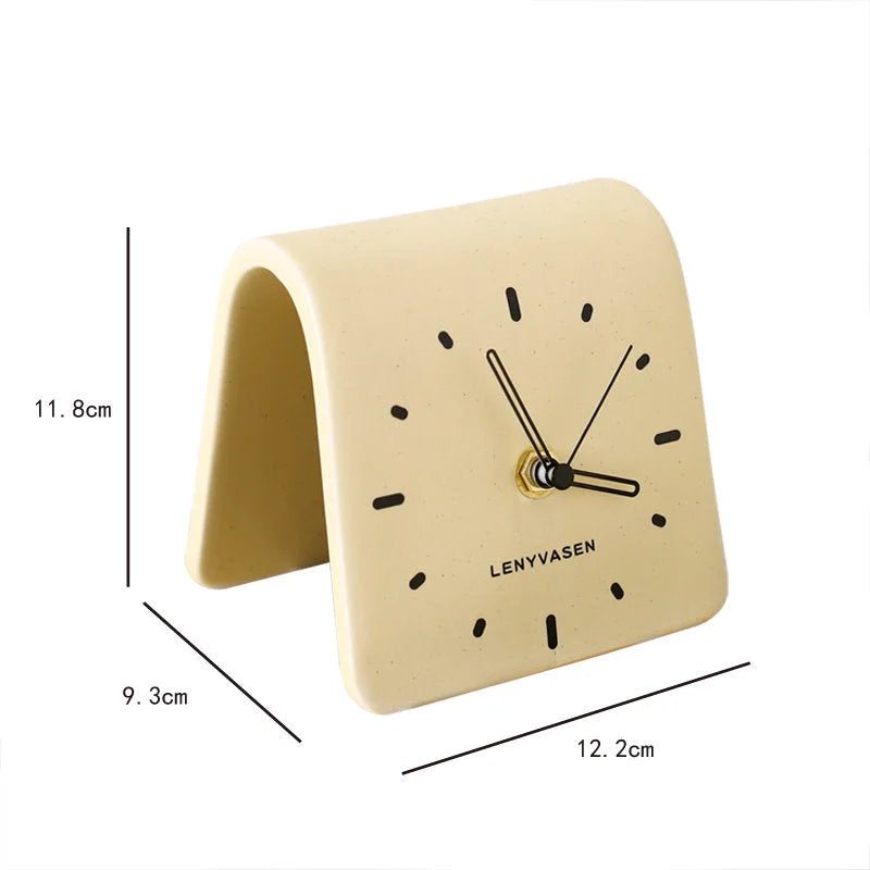 Butter Yellow Matte Arch Ceramic Table Clock with dimension callouts: 11.8cm H, 9.3cm D, 12.2cm W - RoomDen
