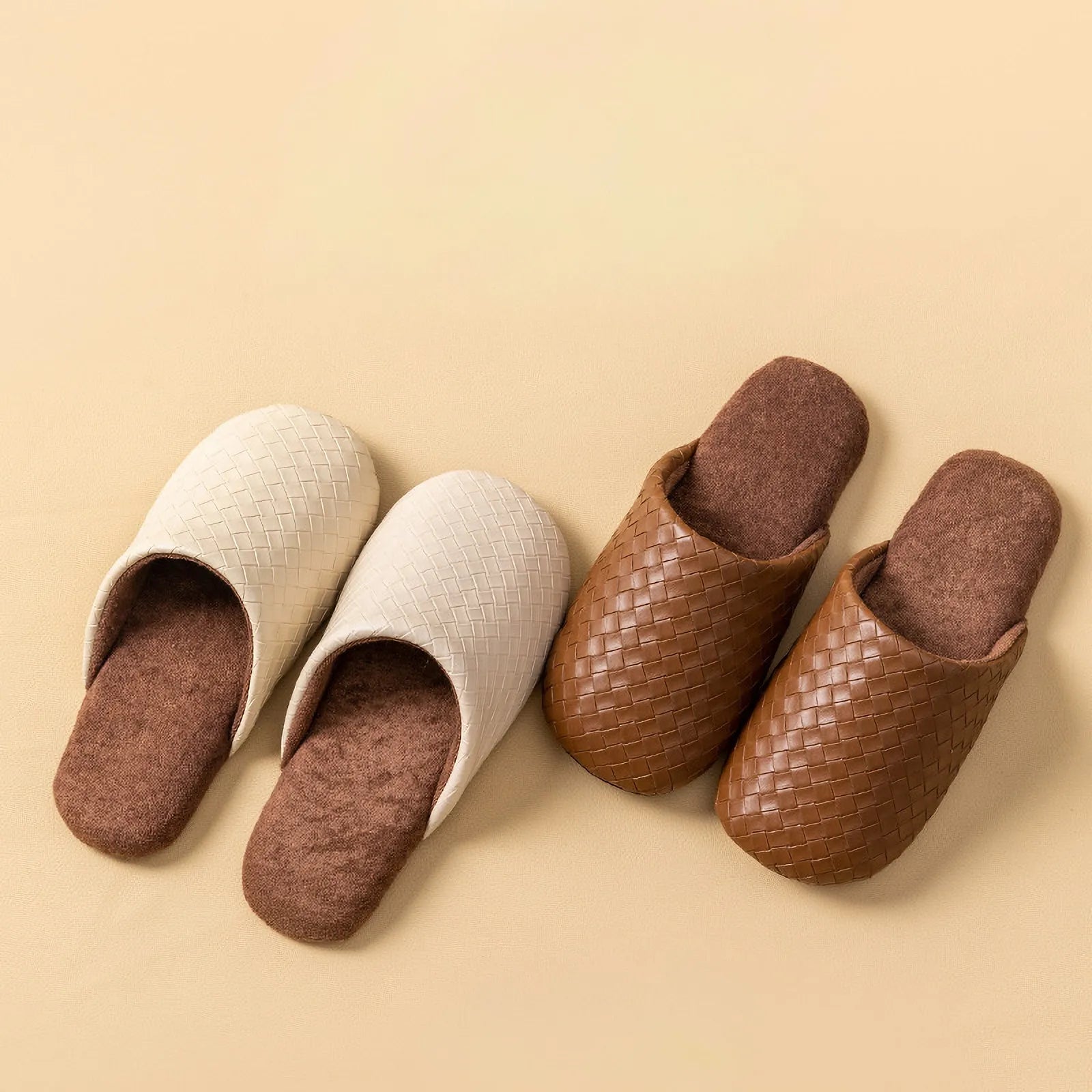 Top view comparison of beige and brown woven cotton house slippers