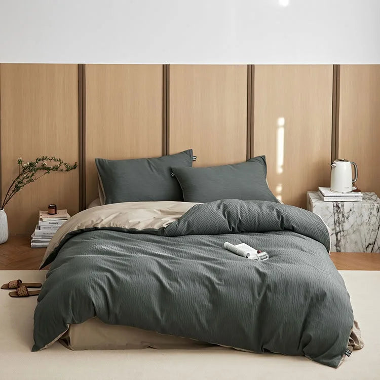 Wide shot of the Slate Grey & Beige Wavy Textured Washed Cotton Bedding Set in a Japandi-style room. - RoomDen