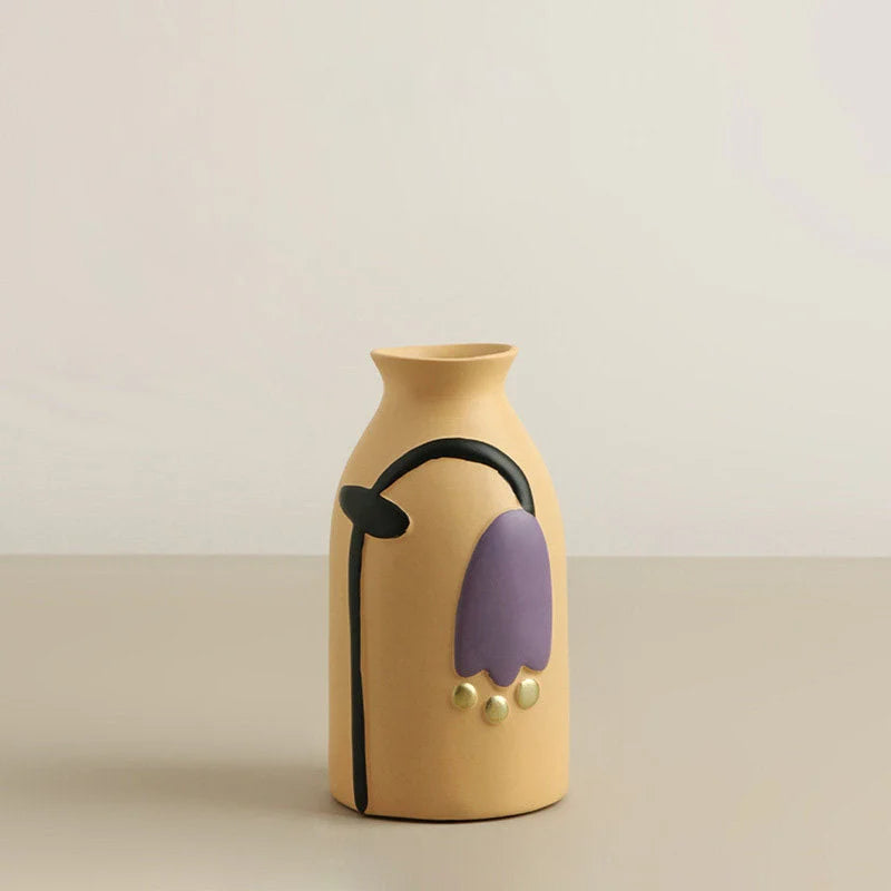 Creamy Beige Pop Art Floral Ceramic Vase with a purple bellflower design on a neutral background. - RoomDen