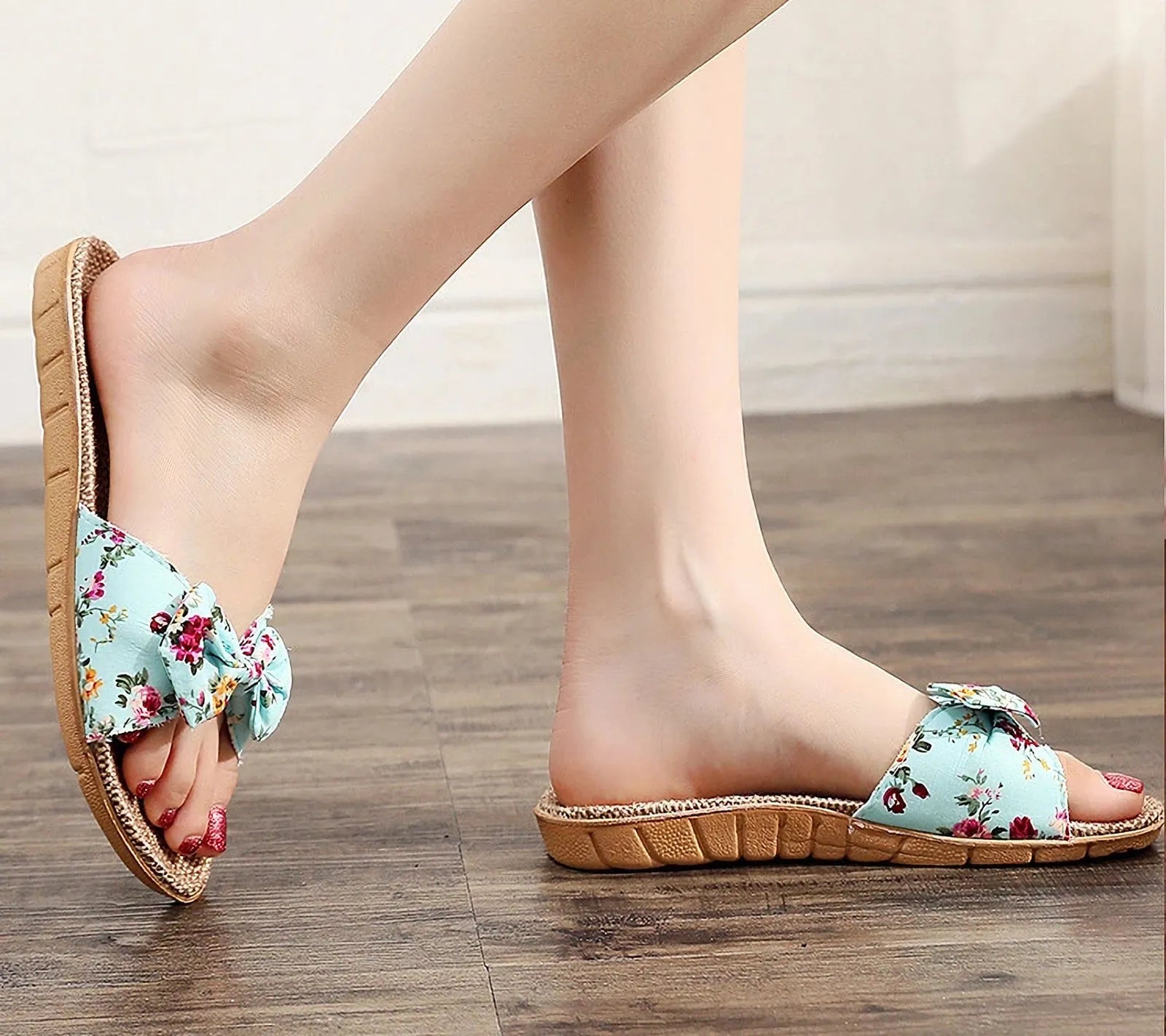 Side profile of Aqua Floral Linen Slippers showing flax texture and arch support - RoomDen