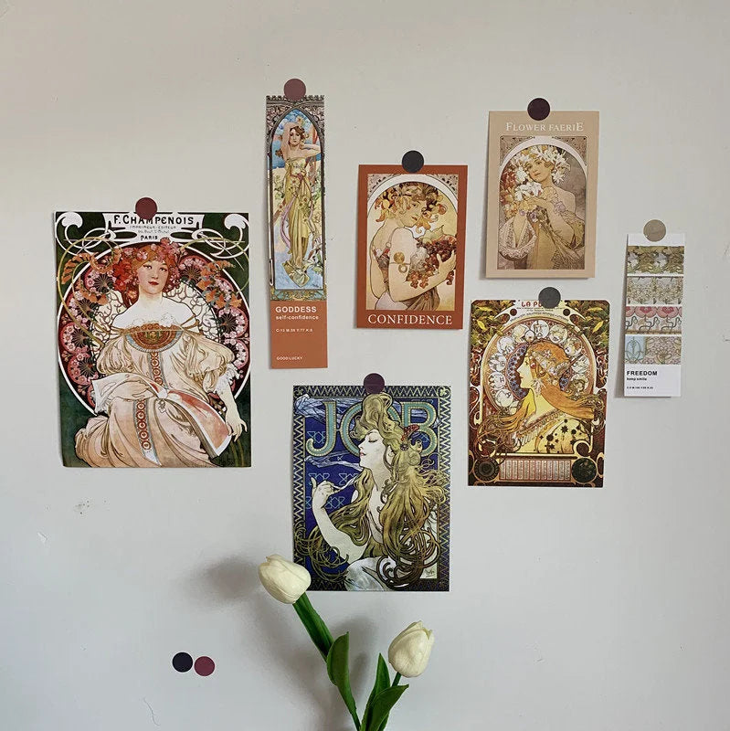 Art Nouveau wall collage kit variant with elegant prints by Alphonse Mucha in rich, vintage colors - RoomDen.