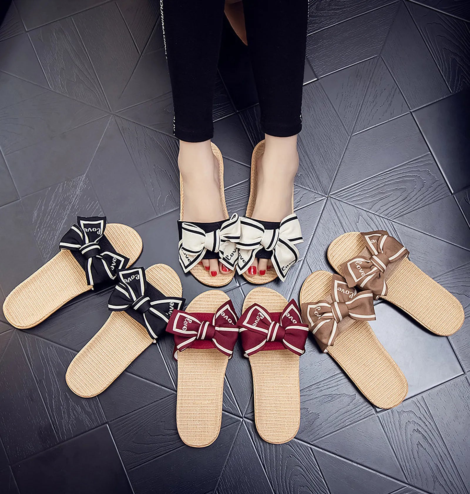 Flat lay group shot of Black White Khaki and Red Linen House Slippers - RoomDen