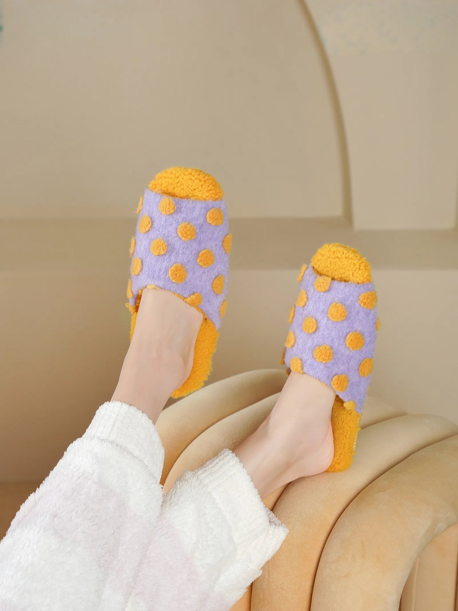 Legs up pose showing Purple and Orange Polka Dot Slippers aesthetic vibe - RoomDen