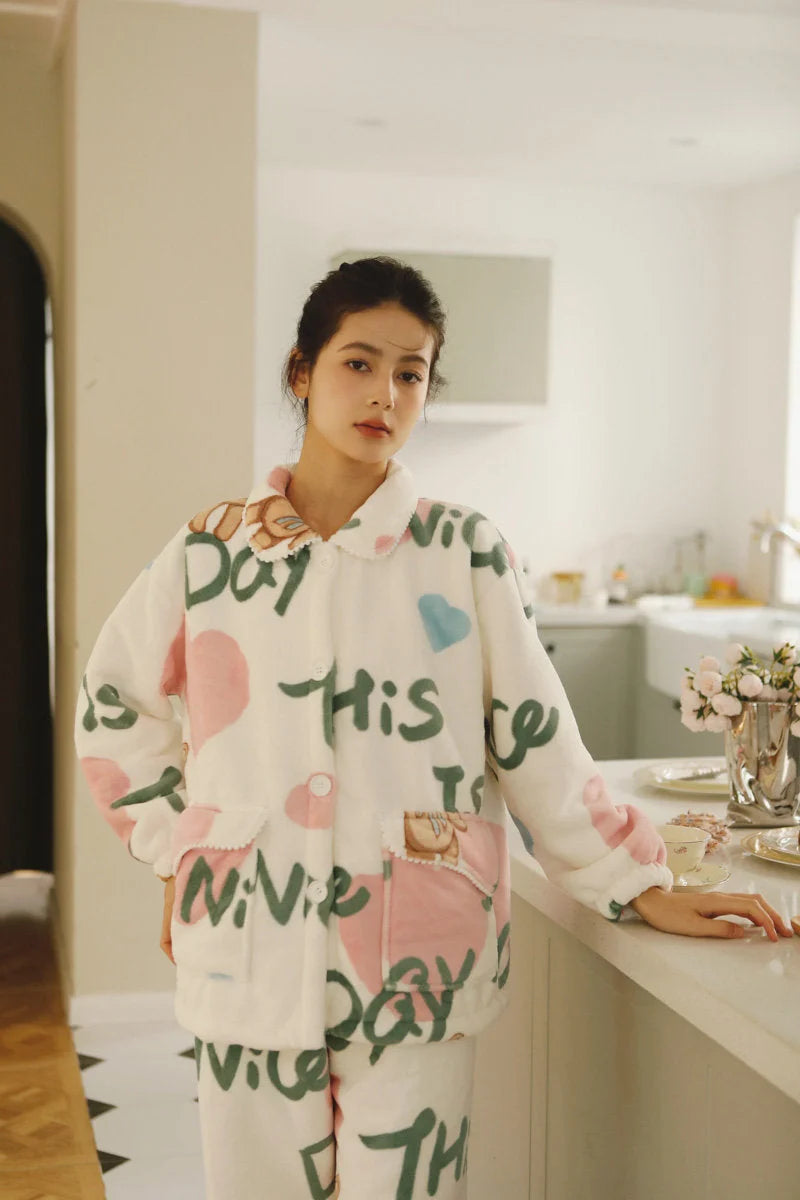 RoomDen White Plush Fuzzy Teddy Bear Print Flannel Fleece Pajama - Front View