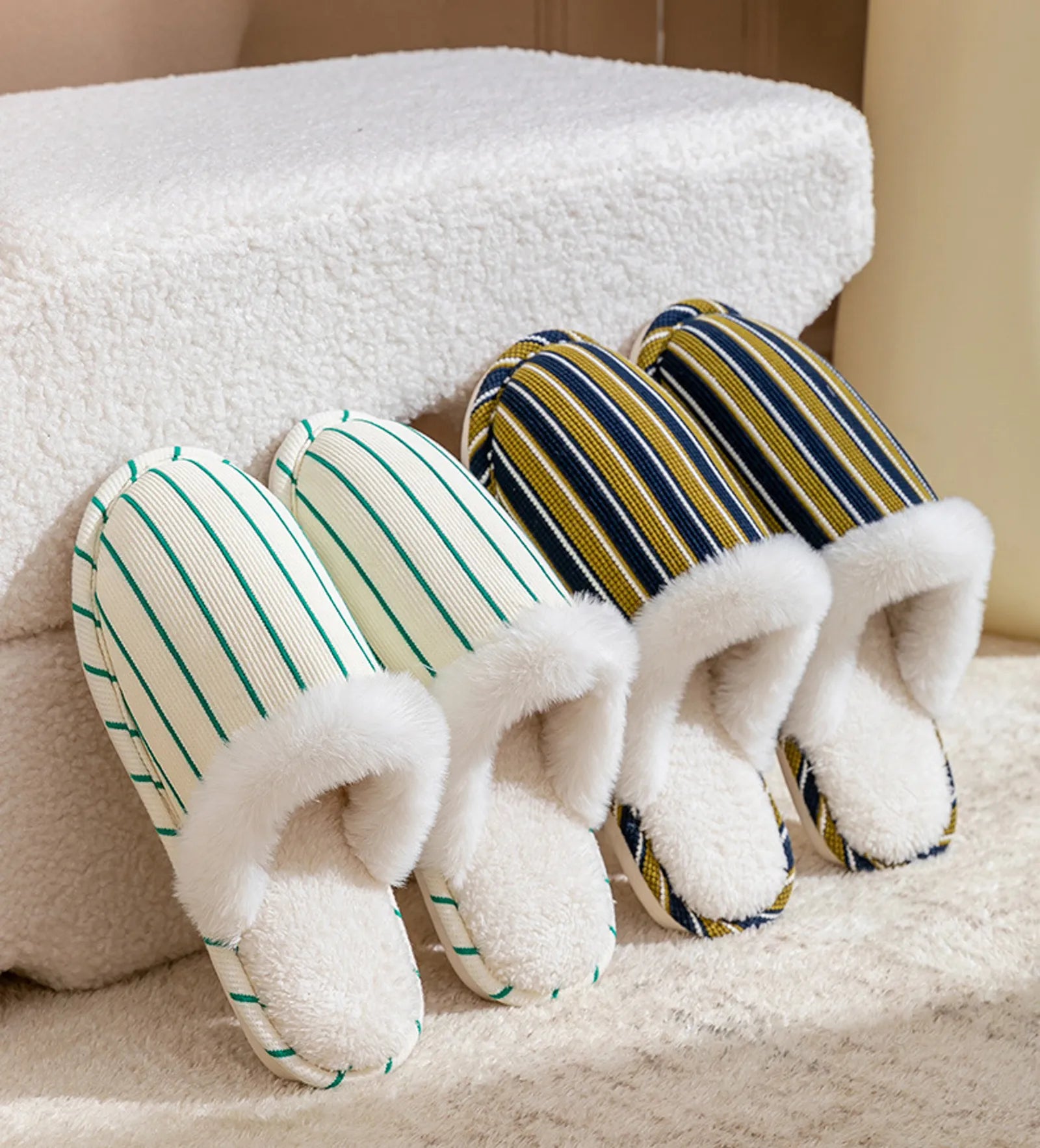 RoomDen Plush Corduroy Striped Cotton House Slippers group shot showing Green and Navy variants - RoomDen