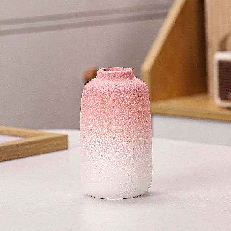 Pink Ombre cylinder-shaped frosted ceramic vase on a white surface - RoomDen.